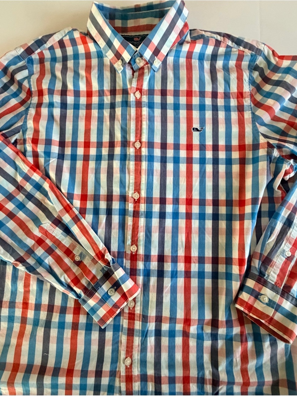 Vineyard Vines Men's Slim Fit Plaid Button-Down Shirt - Blue, Red & White - Picture 3 of 8